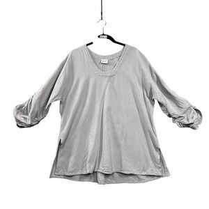 Oh My Gauze! Grey Cotton V-Neck Tunic Top Ruched Sleeve Size 2 Lagenlook Boho